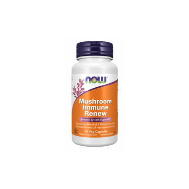 A bottle of Now Foods Mushroom Immune Renew, 90 veggie capsules, provides adaptogenic mushroom support to help enhance your immune system.